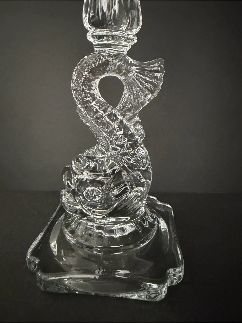 Pair of Cambridge Glass Candle Holders Fish Figure Bases w/Crystal Prisms 9,5